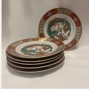 VINTAGE DRAGON Satsuma Set of 6 SALAD or DESSERT PLATE 7.2” JAPAN. B1